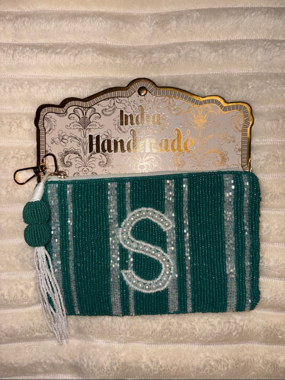 India Handmade Beaded Teal Monogram 'S' Clutch